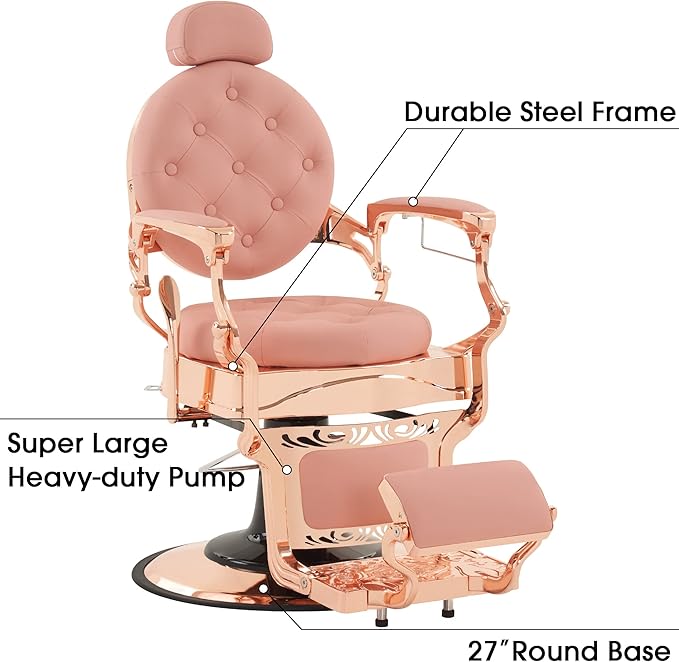 BarberPub Heavy Duty Metal Vintage Barber Chair All Purpose Hydraulic Recline Salon Beauty Spa Chair Styling Equipment 8914 (Pink with Pink Frame)