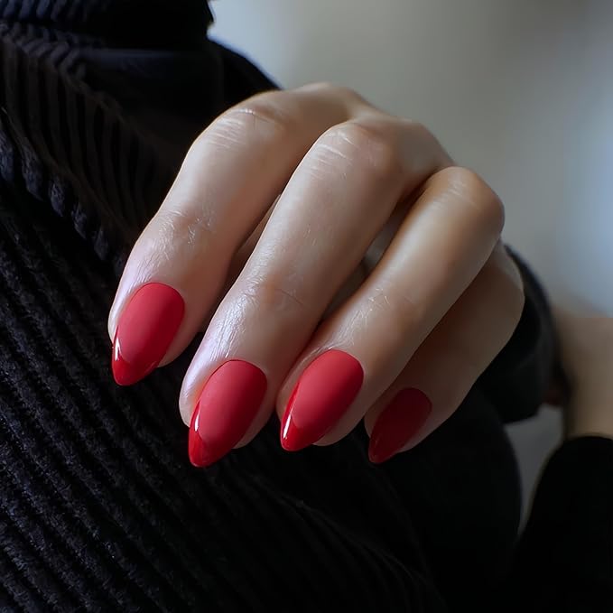 Light Red French Tip Press on Nails Short Almond Nails Press ons, Short Fake Nails with Matte Finish, Brighter French Glue on Nail False Nail for Women Fall Winter, in 32 Pcs 16 Sizes