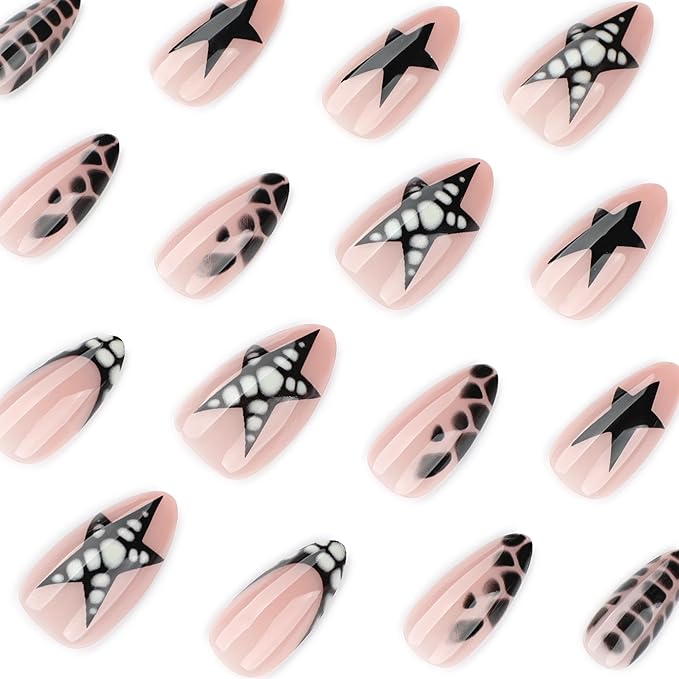 Nude Pink French medium Press On Nails Almond, Punk Mixed Design Fake Nails with Black Star & Crocodile Texture Detail, Glossy Gel Finish Acrylic Nails, Reusable Glue On Nails Kit for Women