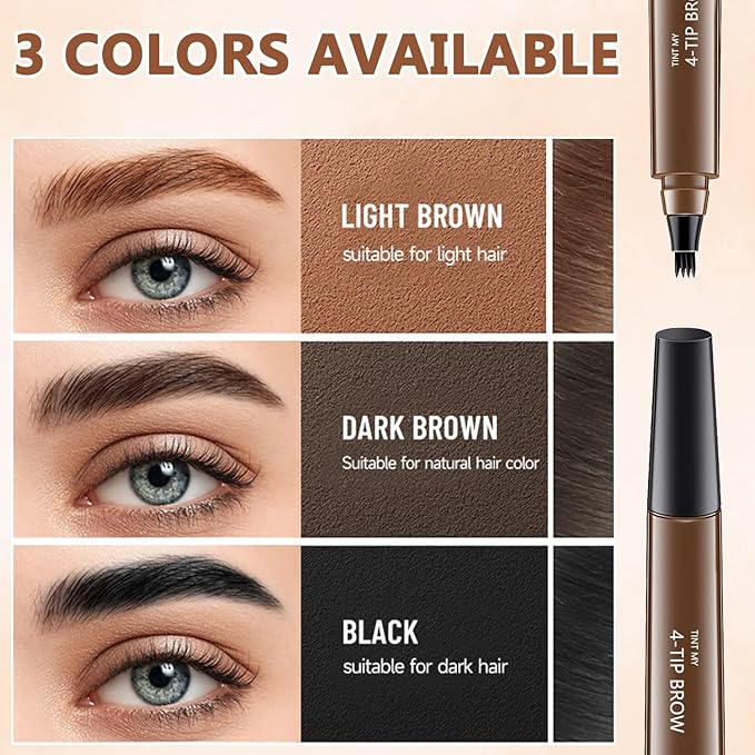 2Pcs Magic Microblading Eyebrow Pencil, 4-Tip Brow Pencil with Micro-Fork Tip, 3D Waterproof Microblading Eyebrow Pen, Eyebrow Tattoo Pen for Natural Makeup (Light Brown)