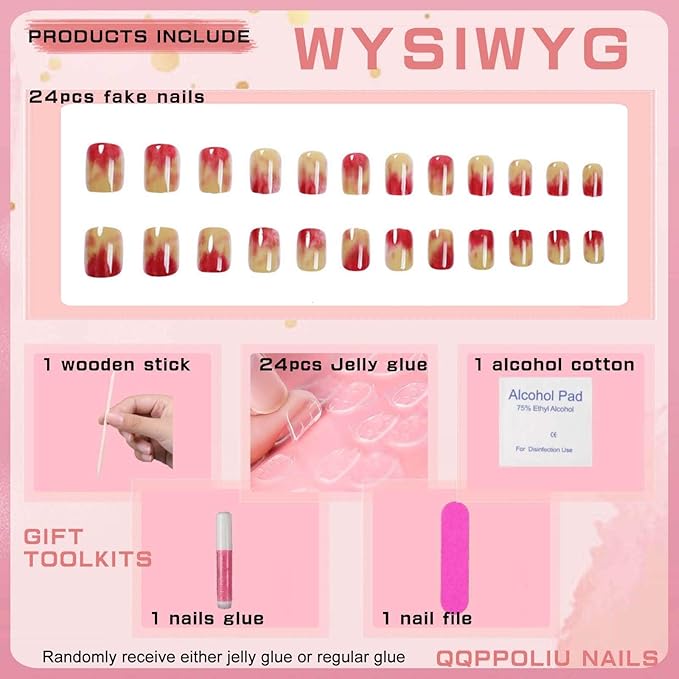 Cute Press on Nails Short Fake Nails Oval False Nails with Design Red Full Cover Nails for Girls 24pcs