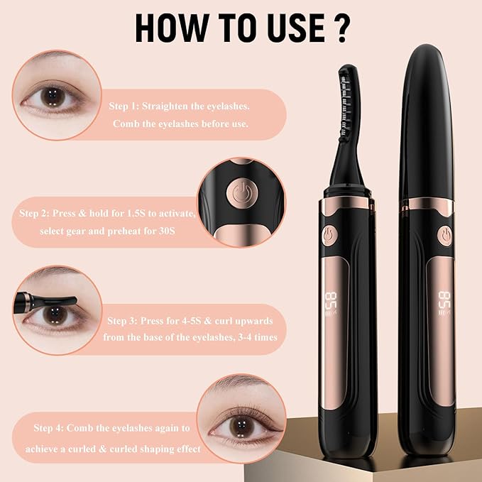 Heated Eyelash Curlers, Electric Eyelash Curler with LED Display, Rapid Heating Eyelashs with 3 Temp Setting, Rechargeable Eye lash Curler, Natural Curling 24H Long Lasting for Makeup Tools (Black)
