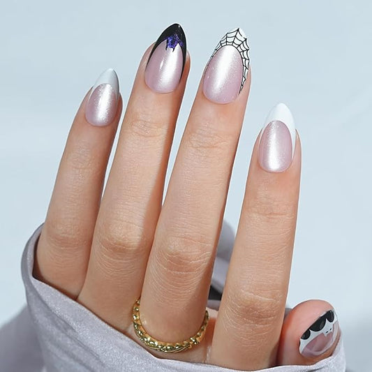 Halloween Press On Nails Almond - Batweb Spell, French Tip Press On Nails Cat Eye, Acrylic Square Short Halloween Nails with Nail Glue, Stick On Nails in 16 Sizes - 32 PCS Soft Gel Kit