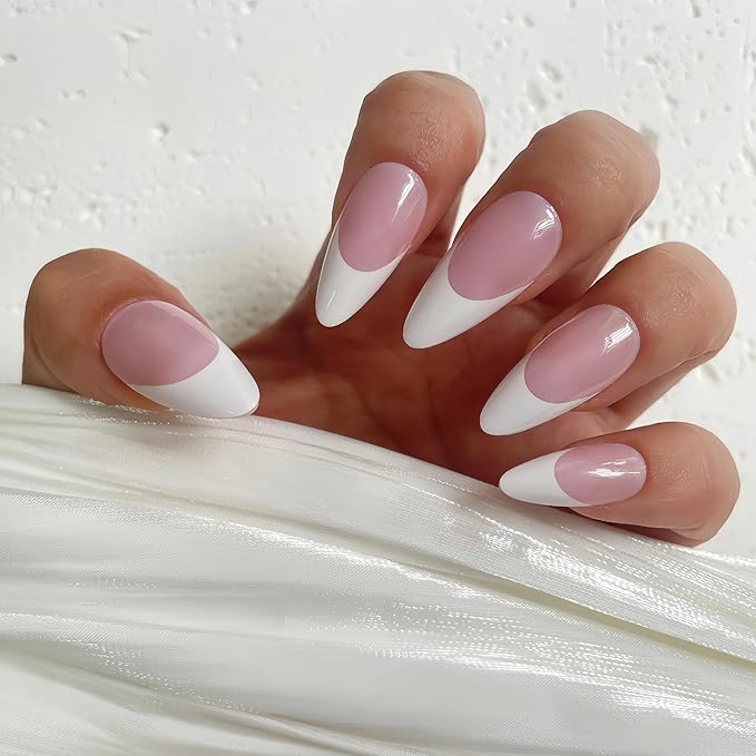 Medium Almond French Pink Press on Nails – 24PCS Glossy False Nail Tips in 12 Sizes | Soft Fit Back Edge & Hard Front | Glue on Acrylic Nails for Women | Reusable & Natural Look