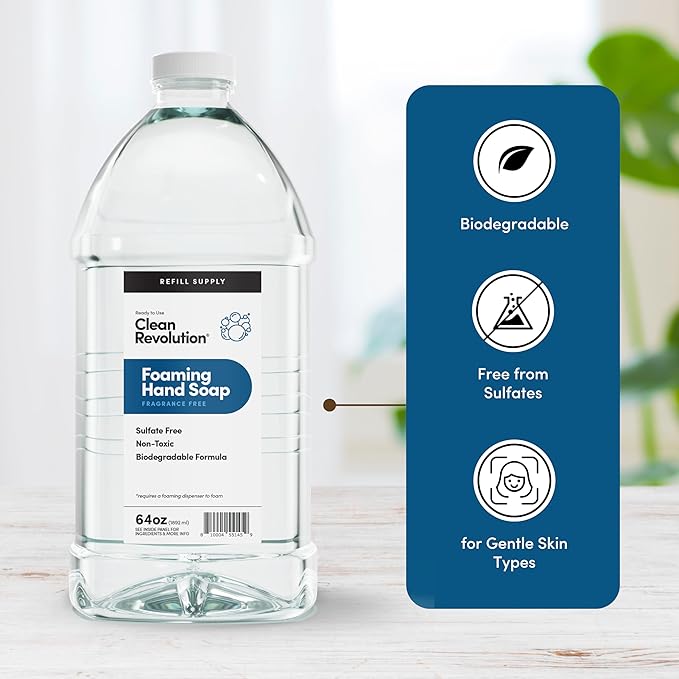 Clean Revolution Foaming Hand Soap Refill Supply Container, Ready to Use Formula, Fragrance Free, 64 Fl Oz (Pack of 1)