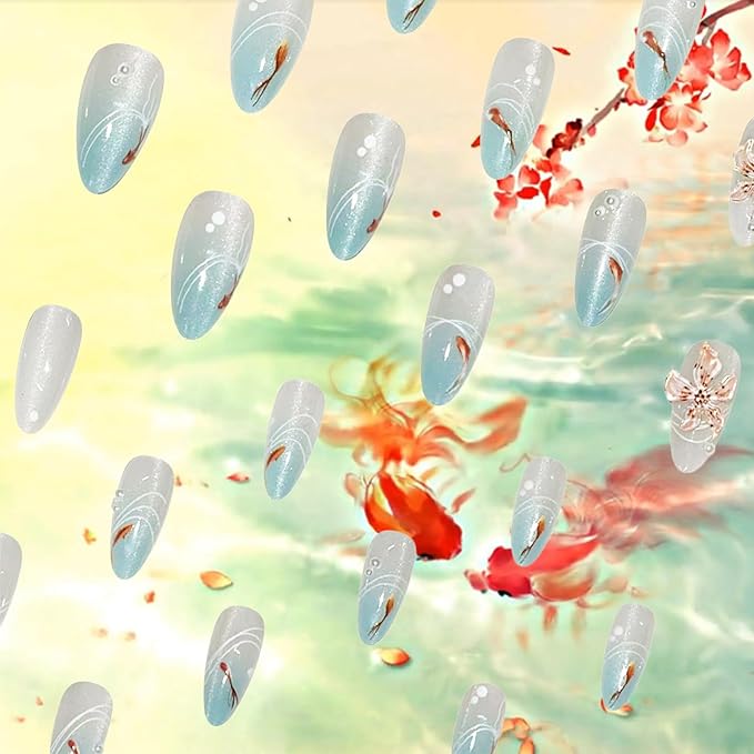 24Pcs Goldfish Press on Nails White Curve Line Press ons Fingernails 3D Flower Gel Glue on Acrylic Fake Nails Glos Blue Gradient Medium Almond False Nail Ocean Stick on Nail for Holiday Manicure Art