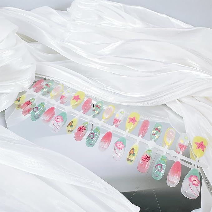 30pcs Summer Press on Nails Medium Almond Fake Nails with 3D Flower Starfish Designs Summer Beach False Nails Pearl Glue on Nails Handmade Full Cover Acrylic Nails Stick on Nails for Women