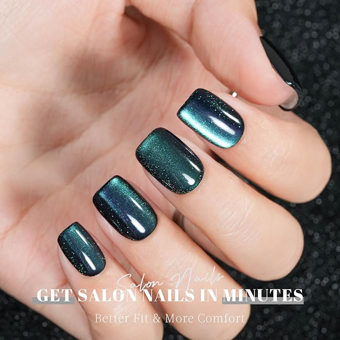 Cat Eye Press on Nails Short, Jofay Fashion Soft Gel Fake Nails, Lake Blue Square Press on Nails, Reusable & Natural Acrylic False Nails, Stick on Nails for Women Gift, Glue on Nails Kit 32 Pcs