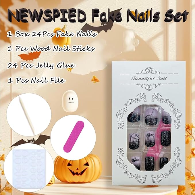 24Pcs Halloween Spider Press on Nails Short Square Fake Nails with Black Purple Glitter Designs Spider Web Full Cover Acrylic Stick on Nails Bling Halloween Nails Glossy Glue on Nails for Women Girls