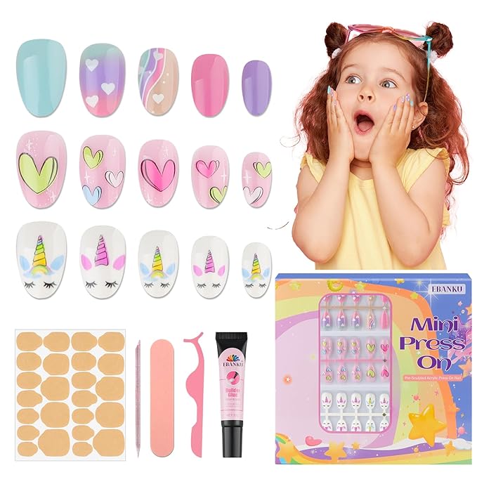 EBANKU 3 Pack Kid Fake Nail Kit, 78 Pieces Press on Nails for Kids Tricorn Press on Nail Short Artificial False Nail Kits for Girls 6-10 Years with Nail Glue