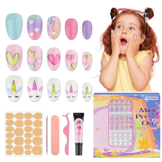 EBANKU 3 Pack Kid Fake Nail Kit, 78 Pieces Press on Nails for Kids Tricorn Press on Nail Short Artificial False Nail Kits for Girls 6-10 Years with Nail Glue