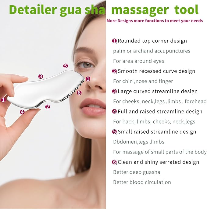 Metal Gua Sha Facial Tools,Stainless Steel Guasha Tool for Face,Premium Guasha Set for Face, Metal Detail Gua Sha Stone Body,Stainless Steel gua sha