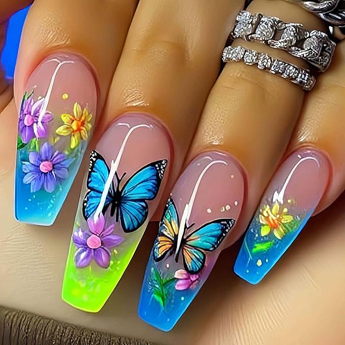 Long Coffin Press on Nails with Flower Design Fake Nails Butterfly False Nails Glue on Nails for Women 24pcs