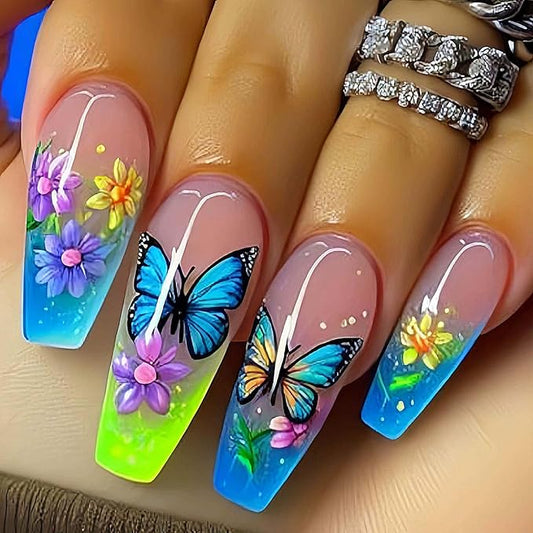Long Coffin Press on Nails with Flower Design Fake Nails Butterfly False Nails Glue on Nails for Women 24pcs