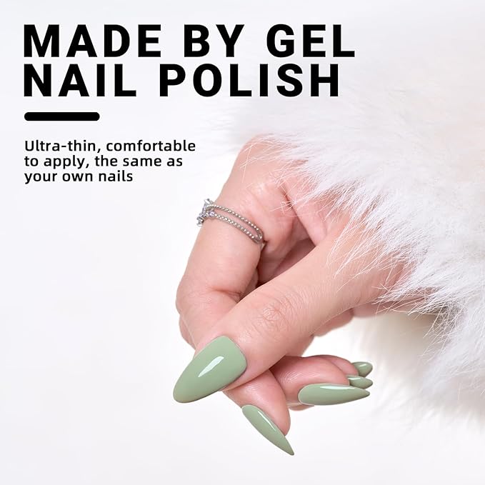 Wooyas Press on Nails Almond, Matcha Green Medium Handmade Gel Fake Nails Reusable, Soft Color Lightweight Natural Glossy in 12 Sizes - 24 Pcs Soft Gel Glue On Nails Kit