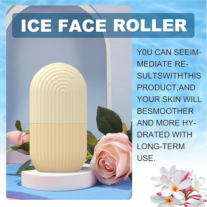 Ice Face Roller, Reusable Silicone Mold Face Massage Eye Facial Beauty Skin Care Tools Apply Ice for Shrink Pores Anti Wrinkle Reduce Puffiness Improve Skin Elasticity, Striped, Yellow