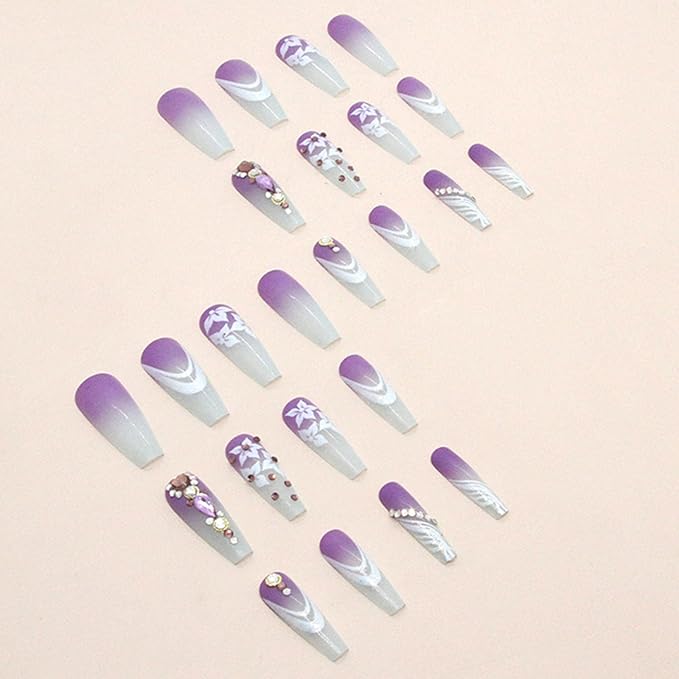 Long Press on Nails Coffin Light Blue Gradient Glue on Nails with Rhinestones Lines Glitter Design Flower Fake Nails Purple Acrylic Nails Press ons Glossy Extre Long Coffin False Nails for Girls 24Pcs