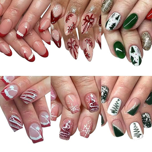 6 Packs (144 Pcs) Christmas Press on Nails Almond, Short Square Press on Nails, with Christmas Tree Snowflake Design Red Green Fake Nails for Women - 12 Sizes, 6 Styles