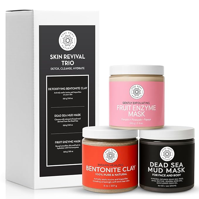 Pure Body Naturals Face Mask Gift Set for Women – 3-Pc Spa Face Mask Kit with Bentonite Clay, Dead Sea Mud Mask & Fruit Enzyme Mask – Self-Care & Skincare Gift for Radiant, Glowing Skin (8.8 oz. Each)