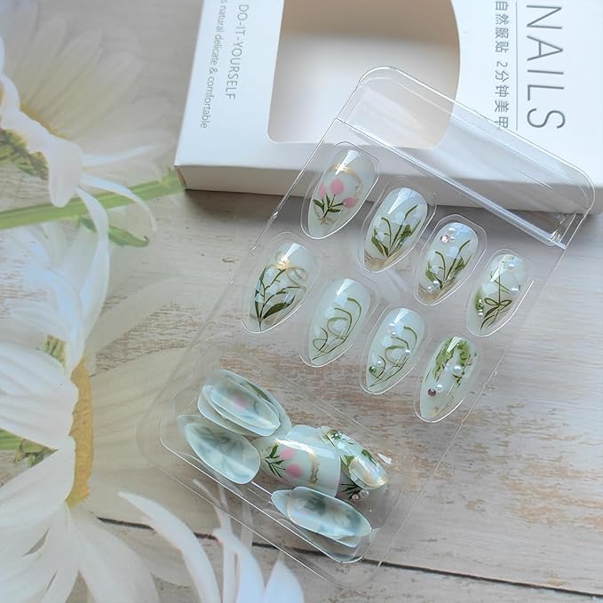 24Pcs Flower Press on Nails Medium Almond Fake Nails Tulip Orchid Design Artificial Acrylic Nails with 3D Rhinestones Pearl False Nails White Floral Glue on Nails Spring Stick on Nails Kit for Women