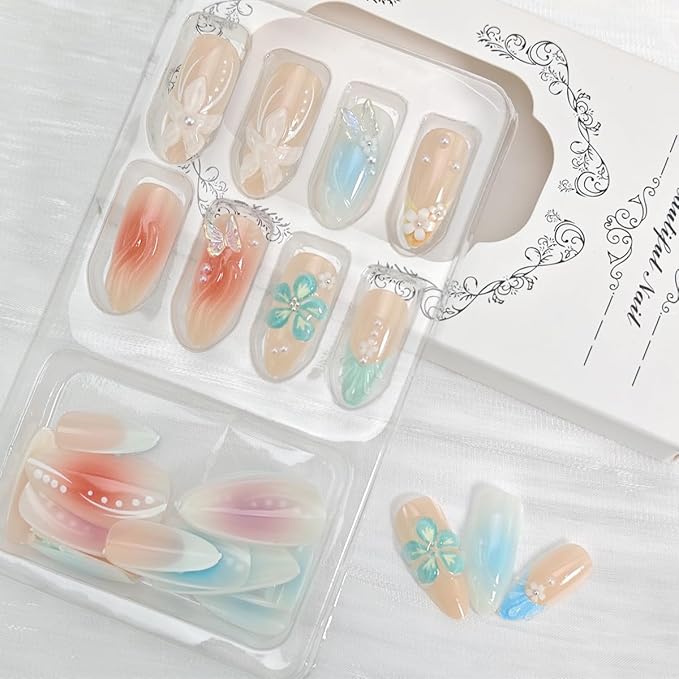 24Pcs Blue Flower Press on Nails Medium Almond Fake Nails White Blue Pearl Hawaiian Flowers with Pearl Design Summer Stick on Nails French Tip False Nails for Women Acrylic Nails Holiday Decorations