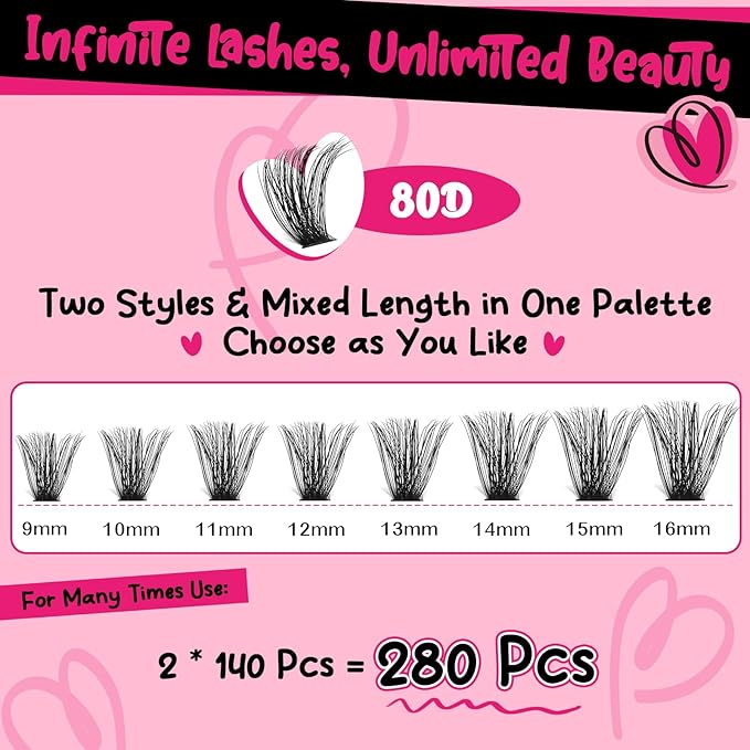 Lash Clusters Kit 280pcs Lash Clusters D Curl Eyelash Extension Kit Individual Lashes with Lash Bond and Seal Lash Applicator Easy to Apply at Home(80D-9-16mix Kit)