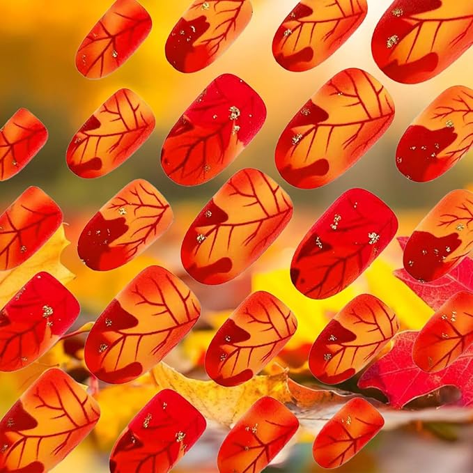 Maple Leaf Press on Nails Matte Gold Glitter Acrylic Fake Nail 24Pcs Fall Leaves Stick on Fingernails Thanksgiving Short Almond False Nails Autumn Gradient Gel Glue on Nail for Coquette Women Girls