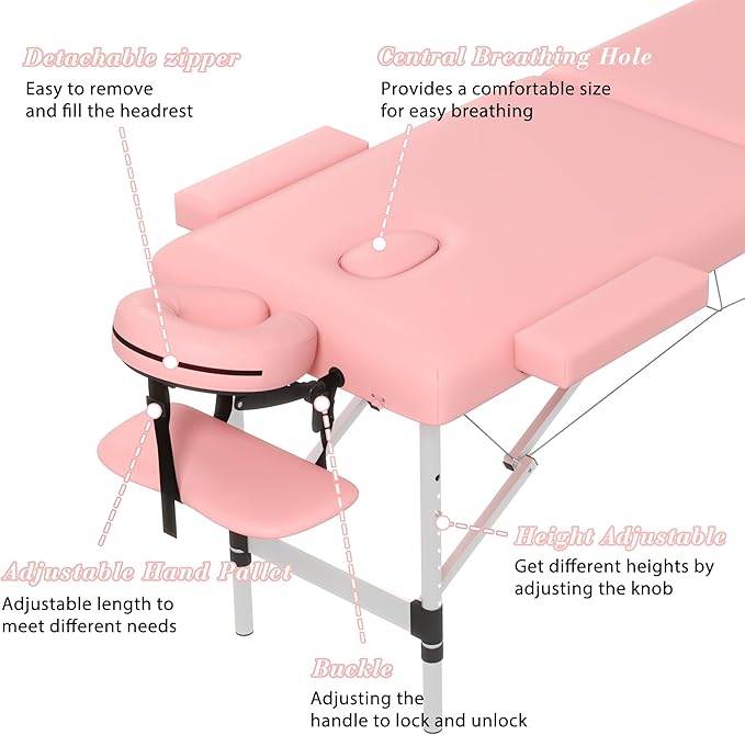Massage Table Massage Bed, Portable 2 Section Foldable Tattoo Bed, Height Adjustable Lash Spa Bed with Face Cradle, Home Light Weight Facial Salon Bed with Aluminum Frame, Light Pink