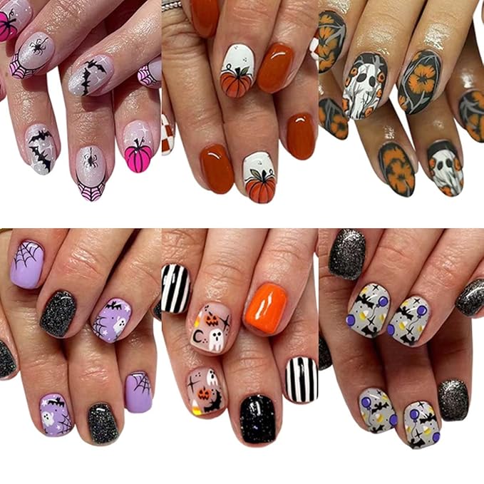6 Packs (144 Pcs) Halloween Press on Nails Short Square, Almond Press on Nails, with Pumpkins Ghost Spider Web Design Stick on Fake Nails for Women - 12 Sizes, 6Styles