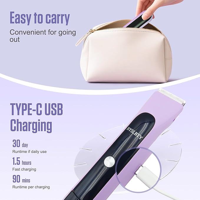 2 in 1 Bikini Trimmer for Women Dual Head Electric Shaver with LED Display,IPX7 Waterproof Wet & Dry, Painless Shaver for Underarm Leg Arm Body Face Private Area Purple