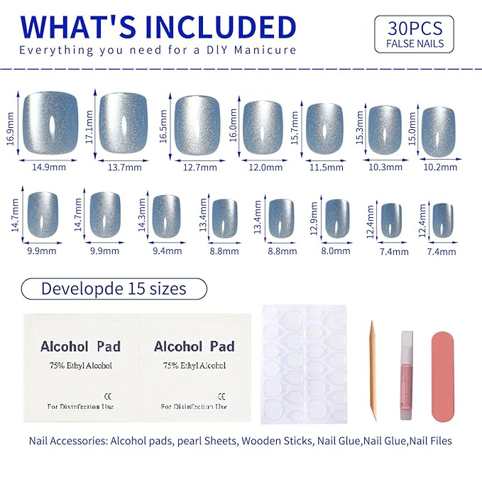 Light Blue Press On Nails Square – Short Cat Eye Fake Nails with Color-Shifting Glow, Reusable Stick On Nails, 15 Sizes, 30 Nail Kit with Glue, Thick Glue On Nails for Women, M2-Aurora Mist