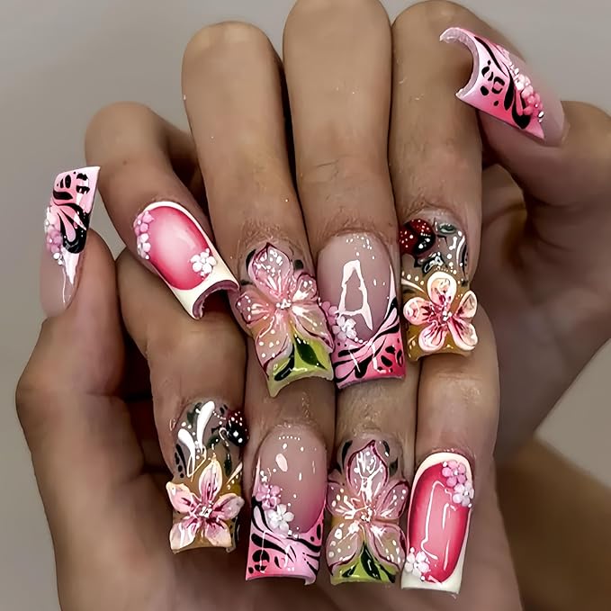 Medium Press on Nails Square Fake Nails with 3D Flower Pearl Designs White French Tip Nails Press ons Green Gradient Acrylic Nails for Women 24Pcs