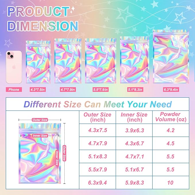 ANZNKU 100 Pack Mylar Bags Reasealable Holographic Bags, Smell Proof Bag Zipper Pouches with Clear Window, Jewelry Candy Sealable Bag for Packaging Sample Party Favor (4.7 x 7.9 Inch)