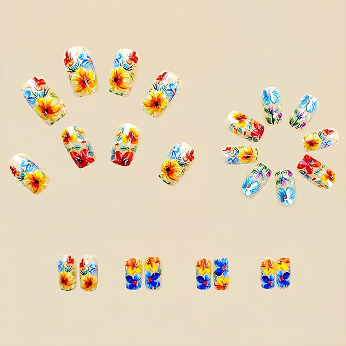Square Press on Nails Medium False Nails with Colorful Flower Designs Spring Fake Nails Nude Nails Press ons Glossy Glue on Nails Summer Acrylic Nails Artificial Stick on Nails for Women 24Pcs