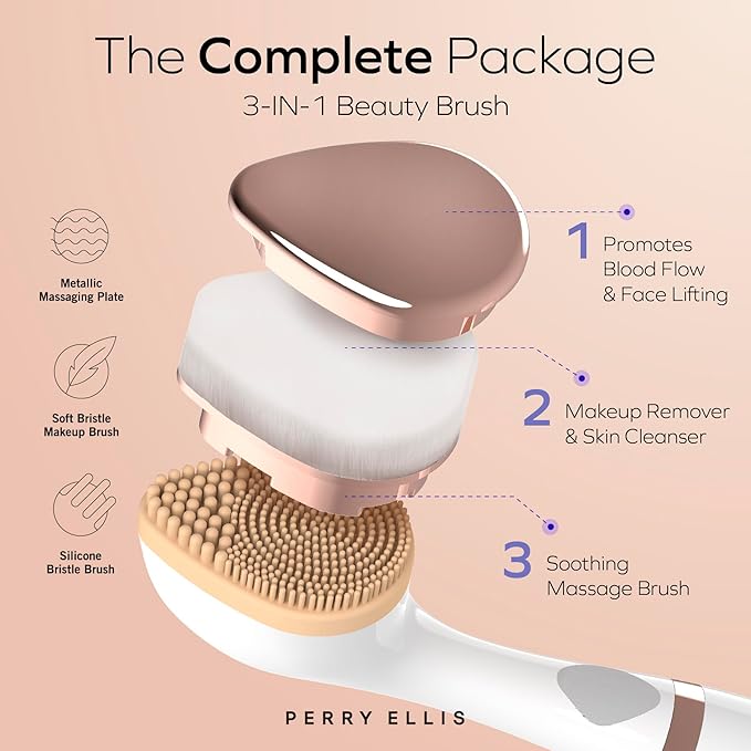 Perry Ellis 3-in-1 Beauty Brush with Silicone Face Cleanser, Makeup Applicator, and Metallic Eye-Massaging Plate, IPX6 Water-Resistant Electric Skincare Accessory with 3 Vibrating Modes and Stand
