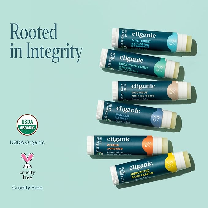 Cliganic Organic Lip Balm Set (6 Flavors) - 100% Natural Hydrating, Moisturizing for Dry Cracked Lips, for Men & Women