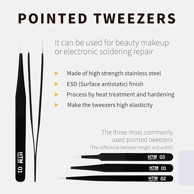 HengTianMei 7Pcs Precision Micro Tweezers Set, Anti-Static Stainless Steel, 3 Sharp Pointed Tweezers, 2 Curved Tweezer, 2 Serrated Tweezer for Eyelash Extensions, Craft, Jewelry, Soldering,Electronics