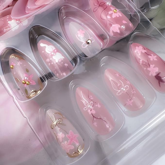 30Pcs Pink Flower Press on Nails Medium Almond Fake Nails with 3D Pearl Bow Rhinestones Design Gilding Peach Blossom False Nails Cute Cat Spring Floral Stick on Nails for Women Summer Decor