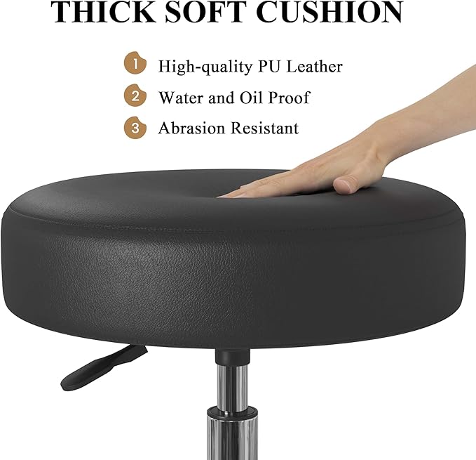 SHA CERLIN Rolling Stool with Wheels Swivel Shop Salon Chair Adjustable Drafting Massage Medical Tattoo Spa with PU Leather Cushioned,Black and Silver