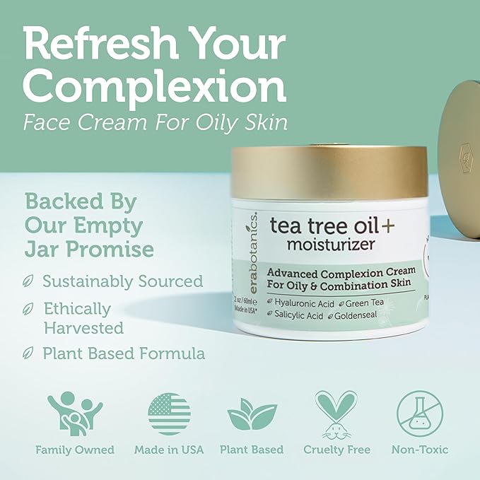 Era Organics Tea Tree Cream Face Moisturizer for Oily Skin - Advanced 7X Balancing Oily Skin Moisturizer - Non-Greasy Moisturizer - Tea Tree Oil for Skin