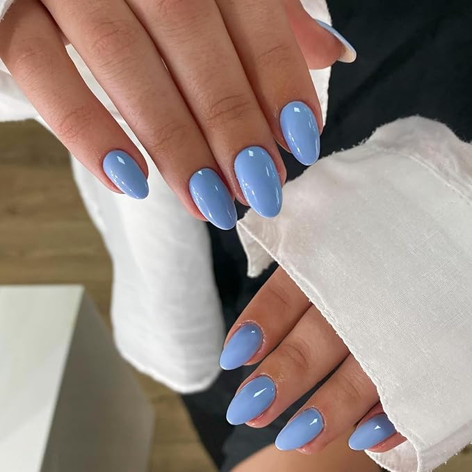 Blue Press on Nails Short Oval Fake Nails Press ons, Thick Solid Color Glue on Nails Short False Nails, Short Almond Nails Oval Round Shaped Nails for Women, 24Pcs Natural Acrylic Gel Nails
