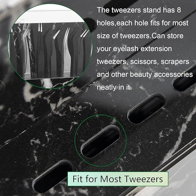8 Holes Dust-proof Eyelash Tweezers Holder Case Acrylic Marble Tweezer Stand Display Organizer with Cover for Lash Extensions (black)