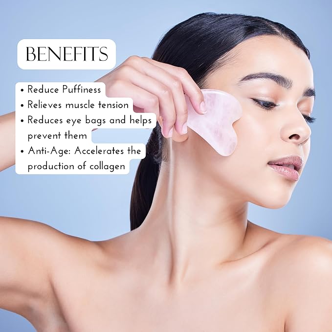 Padime 2 pcs | Premium Set Massage 2-in-1 | Rose Quartz Gua Sha Stone Facial Tools + Jade Comb Scalp Massager | Puffiness Reducing & Relieve Muscle Tension - Stimulates and Strengthens Hair Growth