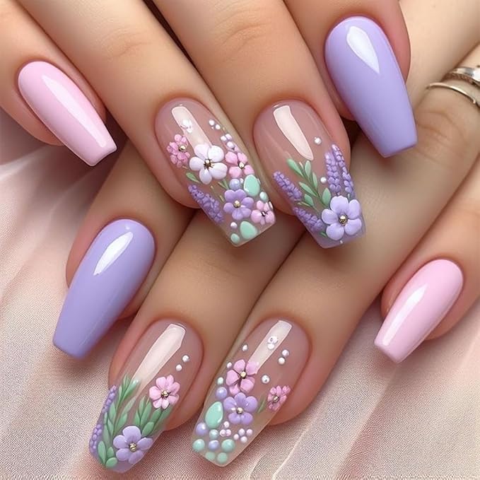 Spring Flower Press-on Nails, Coffin Shape Fake Nails, Purple Lavender and Pink Floral 3D Design Artificial Nails, Medium Length Glue on Nails for Women Girls, 24 Pieces