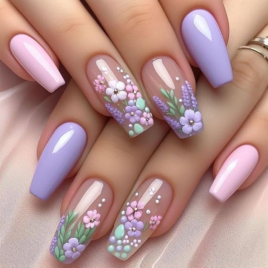 Spring Flower Press-on Nails, Coffin Shape Fake Nails, Purple Lavender and Pink Floral 3D Design Artificial Nails, Medium Length Glue on Nails for Women Girls, 24 Pieces