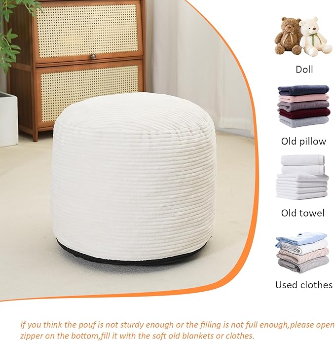 Pouf Ottoman Stuffed Round Modern Foam Filled Foot Rest Corduroy Poufs for Living Room Chair Decorative 20 X 15 Inches Fluffy Pouf Foot Stool Storage Ottoman, Beige