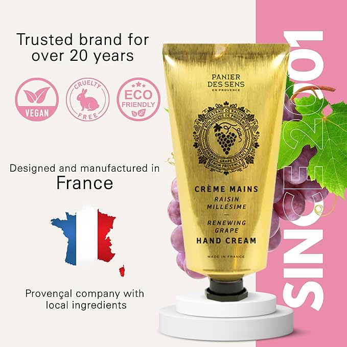 Panier des Sens Grape Hand Cream - Nourishing Shea Butter Hand Cream for Dry Cracked Hands 97% Natural Ingredients - Dermatologically Tested Hand Lotion for Woman Made in France, 2.5 fl oz
