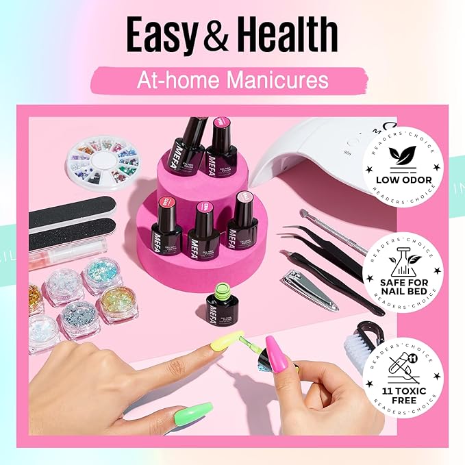 MEFA 56 Pcs Gel Nail Polish Kit with U V Light, 32 Colors Bright Neon Spring Summer Fall Pink Gel Polish Nail Set Essential Manicure Tools Nails Decorations Gifts for Women