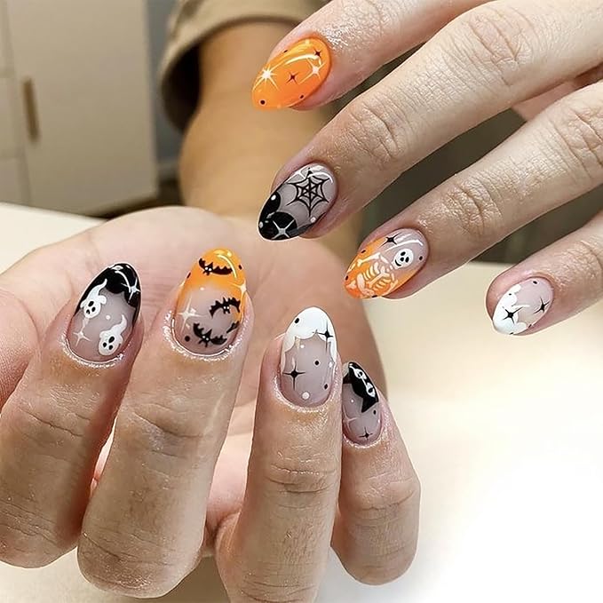 24Pcs Halloween French Tip Press on Nails Short Oval False Nail with Bat Ghost Spider Web Black Cat Skeleton Design Glue on Nails Stars Acrylic Nail Orange Black Full Cover Stick on Nails for Women