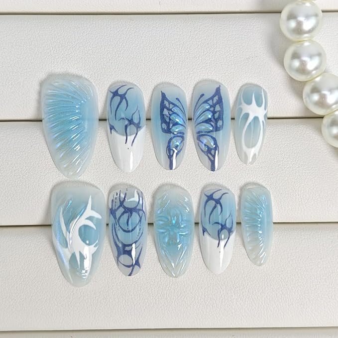 30Pcs Blue Gradient Press on Nails Medium Almond Fake Nails with Butterfly Wings Irregular Lines Designs Full Cover White French Tip Stick on Nails Summer False Nails for Women Girls Acrylic Nails